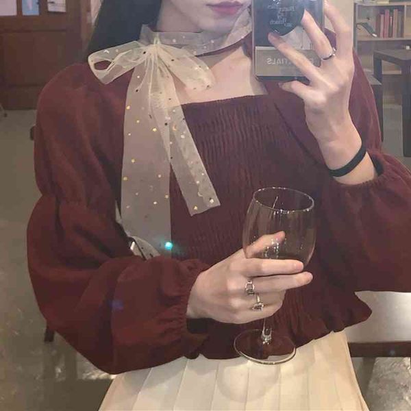 

nomikuma gauze lace up korean chic blouse women square collar long sleeve shirts female arrival vintage all-match blusa 210514, White
