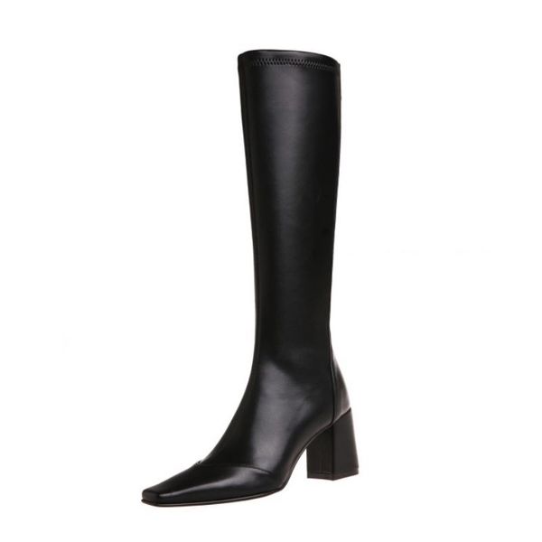 

New Women Mid Calf Boots Square Toe Thick High Heels Slip On Solid Color Daily Winter Ladies Footwear Size 34-39, Black