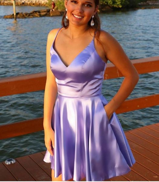 

party dresses short satin v-neck purple homecoming with pockets a-line spaghetti open back knee length robes de soirÃ©e for women, White;black