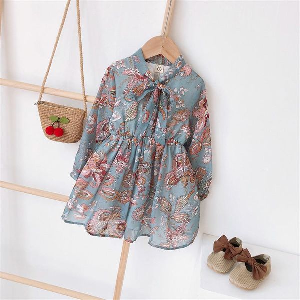 

girl's dresses 1-10y baby teens kids chiffon for girls long sleeve bow print dress, Red;yellow