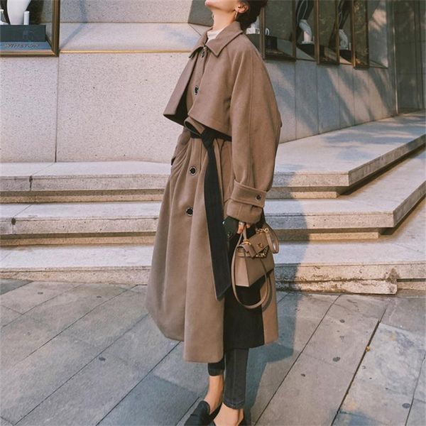 

women's wool & blends stitching woolen classic brown coat 2021 autumn winter casual gentle all-match lady femme k1089, Black