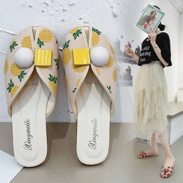 

slippers women mules closed toe cloth shoes round backless casual flat comfortable slip on print strawberry, Black
