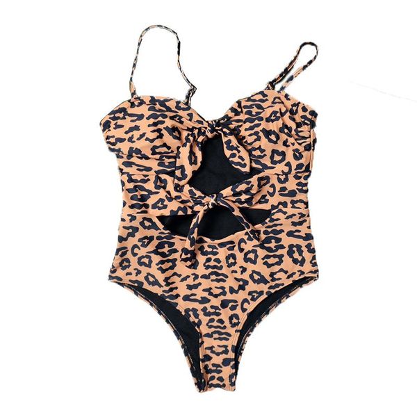 

women brown leopard swimwear triangle black swimsuit one piece suits bow hollow out beach wear summer y0033 one-piece