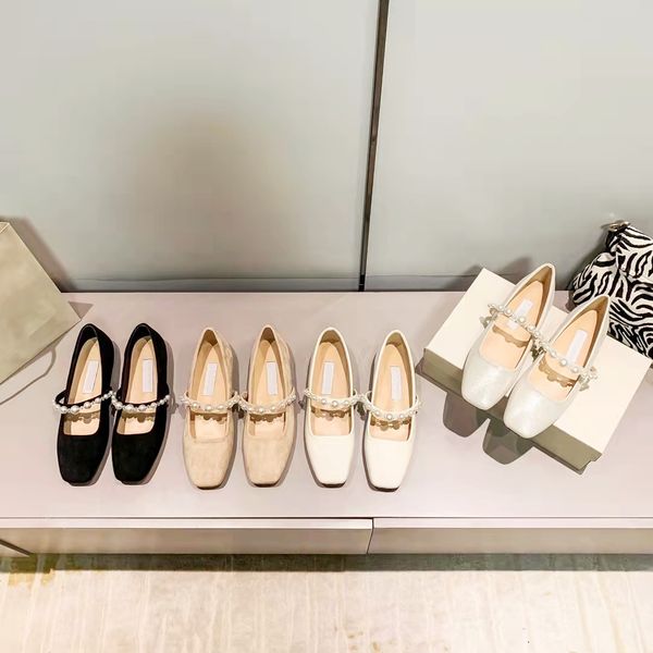 

famous designer women ballet flat soled pearl casual shoes pure color with beading square toes slip on sandals fashi, Black