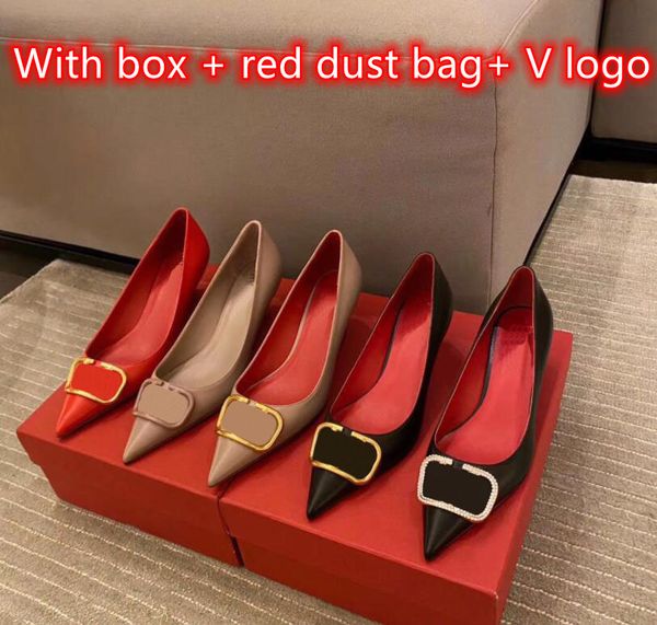 

2021 pointed heel real leather shoes shallow mouth matte black metal fashion v-button gold v logo correct shoes 35-43