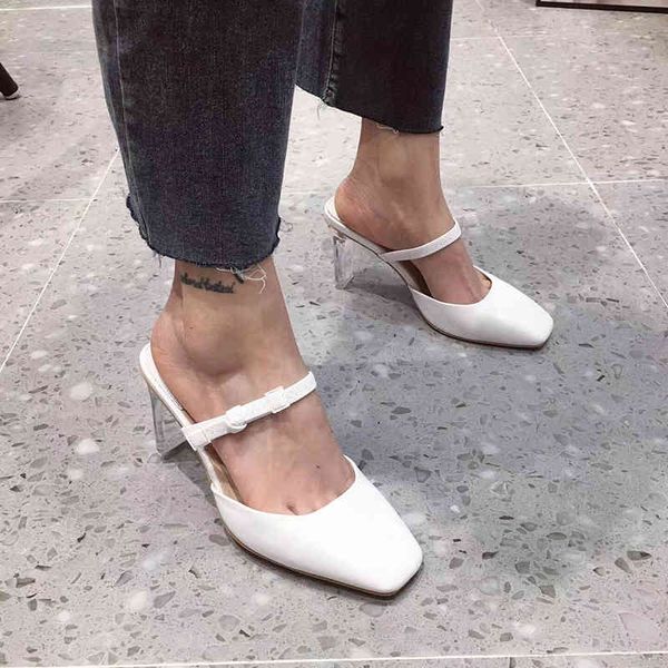 

slippers summer women black high heels mules shoes thick clear block slides square toe dress dm0y