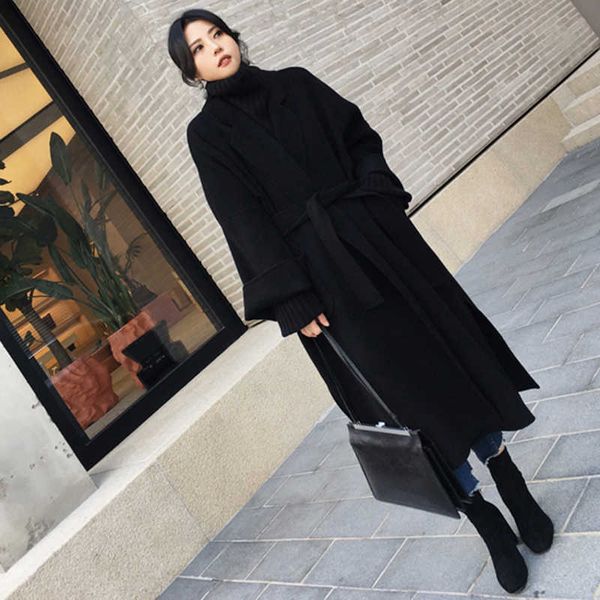 

spring cashmere coat winter silhouette black woolen long jacket overize loose over knee women 210531, Black;brown