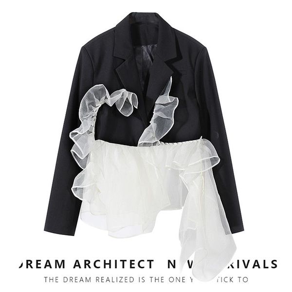 

women's suits & blazers spring autumn 2021 womens black ruffles organza irregular spliced blazer stylish notched long sleeve loose fitt, White;black