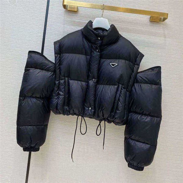 

women down jackets parkas outwears warm coat windbreaker for lady slim style jacket with zippers botton letters sleeves remive clothing, Black