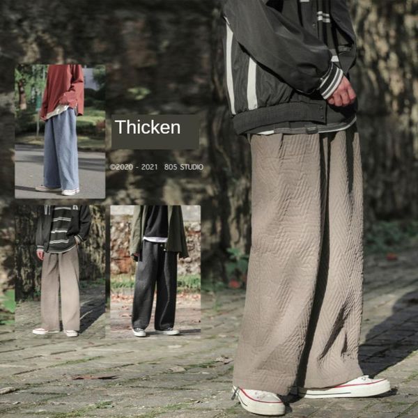 

winter cotton thickened wide-leg pants men's warm fashion retro casual men streetear loose hip-hop straight trousers mens, Black