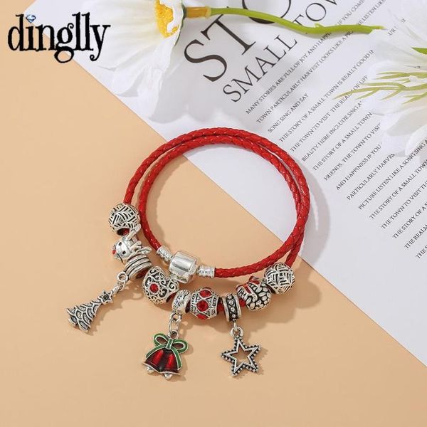 

charm bracelets dinglly bell & christmas tree star pendant red leather for women reindeer gift bag beads double circle bracelet, Golden;silver