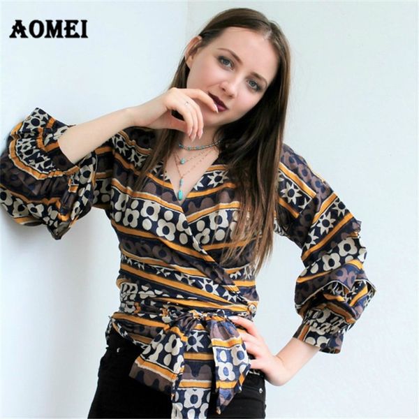 

puff sleeve retro print peplum for women wrap blouse shirts with waist belt bowtie summer vacation female blusas clothing 210416, Blue