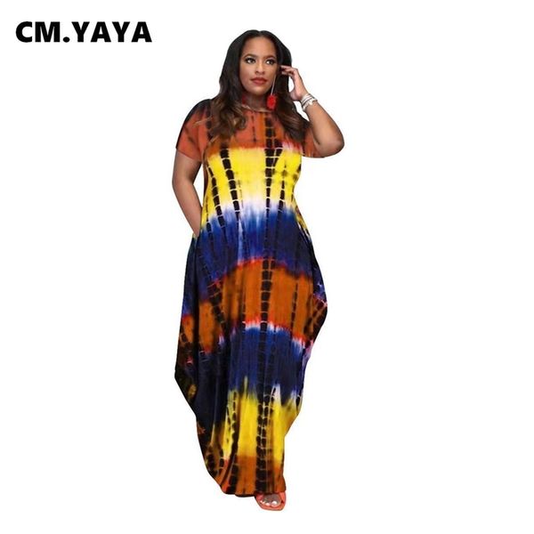 

cm.yaya women plus size dress tie dye short sleeve o-neck loose maxi long dresses with pockets fashion vestidos summer outfits 211028, Black