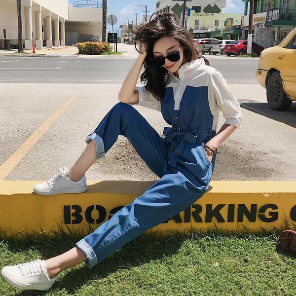 

women's jumpsuits & rompers 2021 spring korea fashion jean jumpsuit broek clothing unforced a piece woman denim strapless false two pie, Black;white