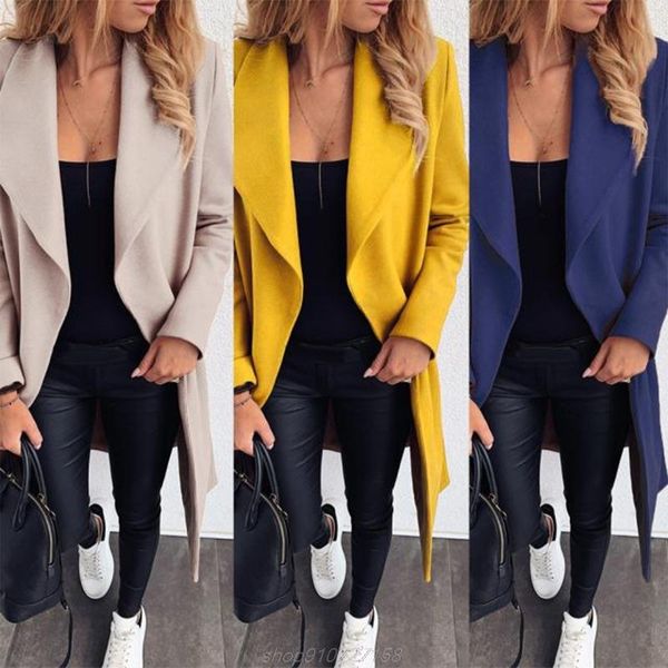 

women's wool & blends women fall winter long coat lapel collar casual jacket sleeve belt open front overcoat outerwear m06 21 drop, Black