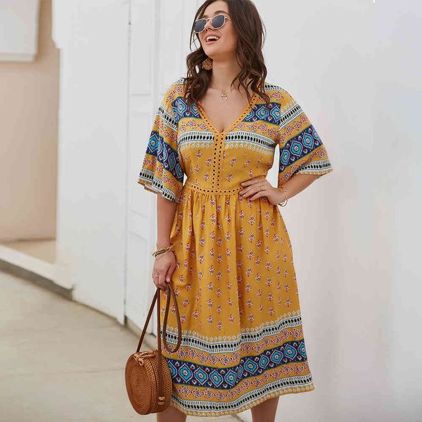 

jastie patchwork lace v-neck dress short sleeve summer women dresses floral print boho dress plus size xl-4xl female vestidos 210419, White