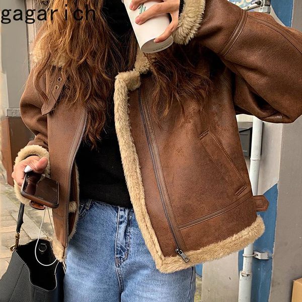 

women's jackets gagarich women winter jacket korean chic autumn stylish large lapel zipper design fur thickened warm suit short coat, Black;brown