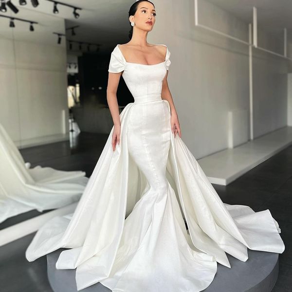 

elegant satin mermaid wedding dresses cap sleeve bridal gowns with detachable train vestido de novia customise, White