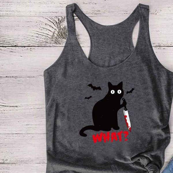 

gothic cat knife bats what womens cami printed sleeveless summer graphic vest cotton crew neck loose female, White