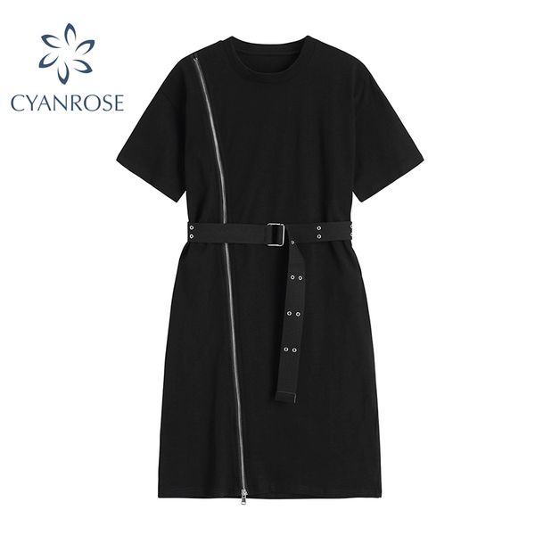 

black high waist belt dress women summer short sleeve zipper design streetwear crop frocks ladies casual ulzzang mujer 210417, Black;gray