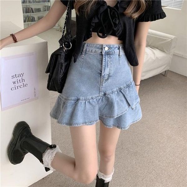 

skirts woman 2021 summer ruffled fishtail mini denim skirt a-line high waist female all-match thin girl jean, Black