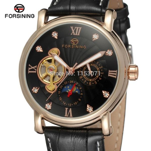 

arrive forsining fsg800m3r4 men automatic fashion&casual rose gold color case black dial genuine leather strap wristwatches, Slivery;brown