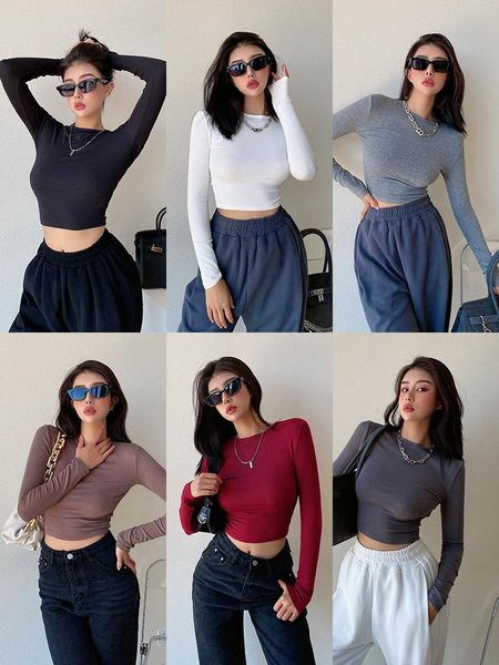 

women's t-shirt european and american style girl threaded tight bottoming shirt inner slim high waist short top, White