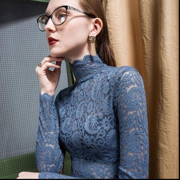 

lace ruffle embroidery long sleeve womens shirt mesh turtleneck dd8250, White