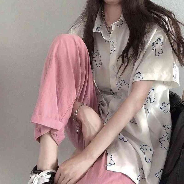

summer casual oversize short sleeve women's blouse white shirt cartonn bear pirnt ladies loose button female clothing 210521