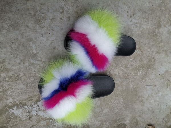 

rainbow style fur slides natural real any color mixed slipper slippers, Black