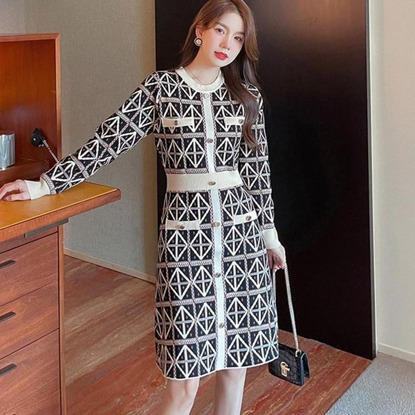 

casual dresses women vintage lattice sweater knitting dress autumn winter temperament thickened o-neck a-line, Black;gray