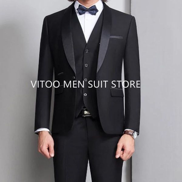 

men's suits & blazers 3-piece black groom man tuxedo wedding prom suit meeting interview formal slim ceremony vest jacket pants, White;black