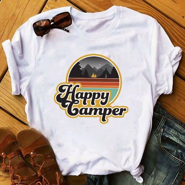

happy camper spring summer women fashion clothing print tee, White
