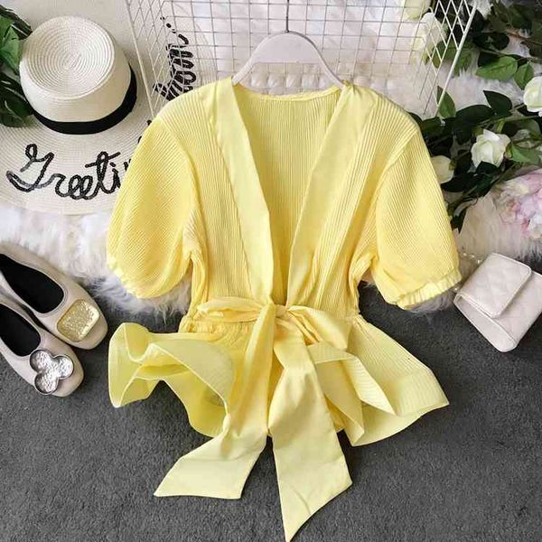 

summer lady bow tie women short sleeve peplum shirts, White