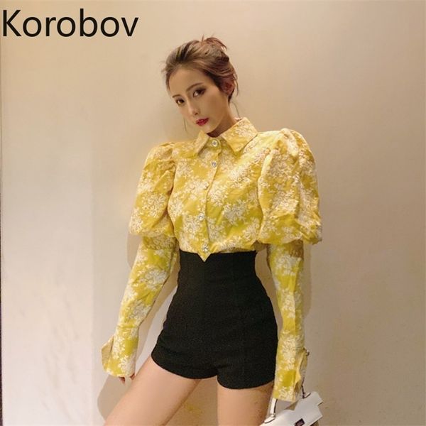 Korobov Drehen Unten Kragen Puff Langarm Bluse Frauen Retro Druck Schlank Blusas Frühling Sommer Neue Gelb Hemd 2b032 210430