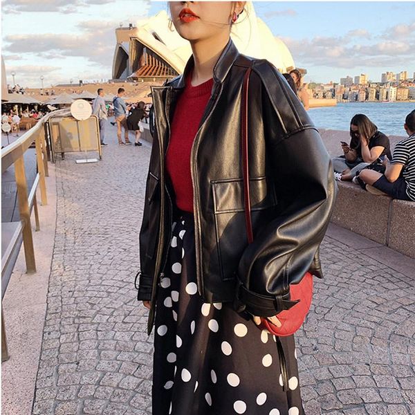 

women's leather & faux jacket women black loose pu moto biker zipper pocket ladies korea england street casual outerwear coat