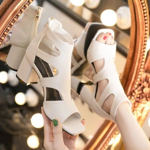 

sandals whnb hollow out thick high heels women 2021 peep toe summer boots woman plus size casual zipper rome shoes, Black