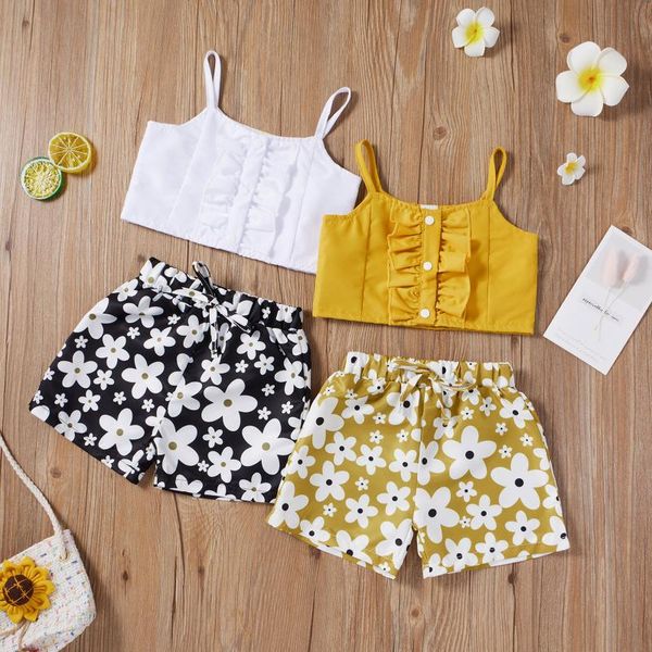 

toddler baby girls solid sleeveless vest+floral printed shorts clothes children's sets clothing outfits, White