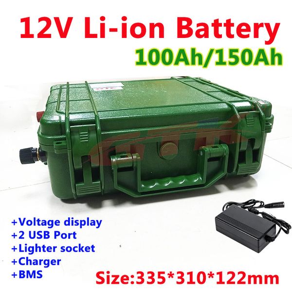 Pacco batteria al litio GTK 12V 100Ah 150Ah con custodia verde militare per stazione radio standby esterna + caricabatterie 10A