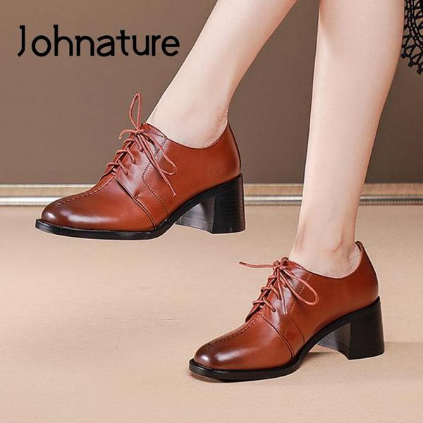 

dress shoes johnature pumps women genuine leather 2021 spring/autumn lace-up retro fashion square toe hanamade casual ladies, Black