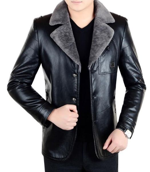 

men's fur & faux s-4xl / winter fashion middle-aged one plus velvet thick pu lapel jacket, Black