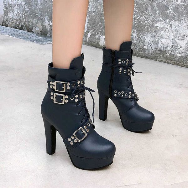 

zawsthia goth punk buckle strap design yellow navy platform high heels woman winter warm shoes ankle boots big size 49 50 210611, Black