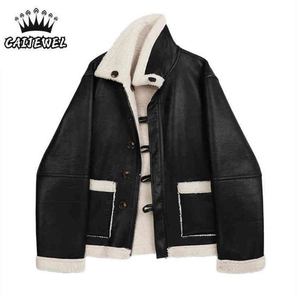 

cashmere women's coat, korean fashion, long sleeves, loose design, sheepskin, thick jacket, Black