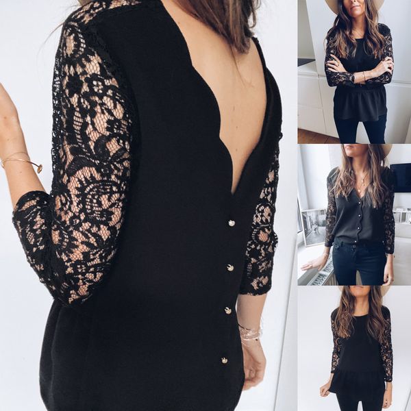 

korean backless women shirt fashion back button o-neck black shirts autumn long sleeve lace bodycon blouse female 210423, White