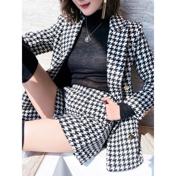 

women's tracksuits autumn winter retro houndstooth tweed jacket female shorts two-piece ol temperament western style fashion suit, Gray
