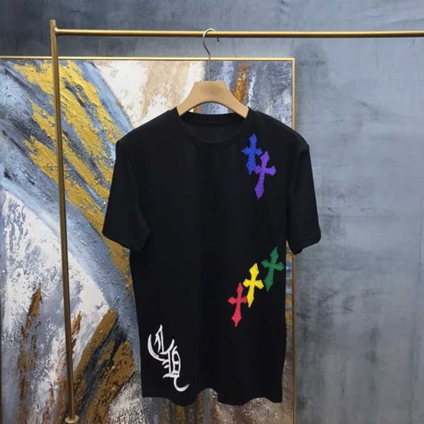 

fashion outlet 21ss chrome fengchao ch crow color graffiti cross print crew neck short sleeve t-shirt unisex, White;black