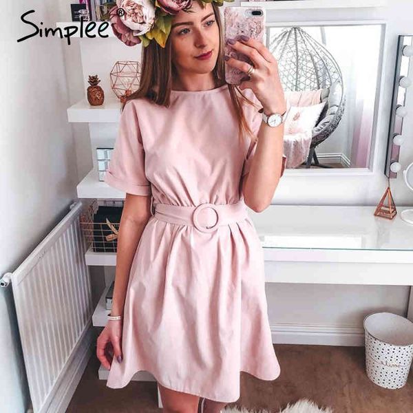 

high waist women short belt batwing sleeve female summer streetwear lady o-neck chic solid pink casual dress 210414, Black;gray