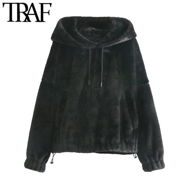

traf women fashion faux fur teddy loose hoodies sweatshirts vintage long sleeve pockets female pullovers chic 210415, Black
