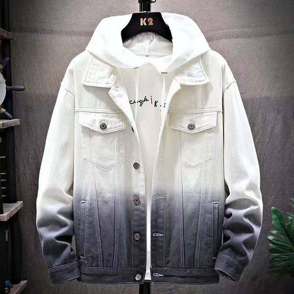 

spring style men gradient color denim jacket teenager trend double fold-down collar men's jackets, Black;brown