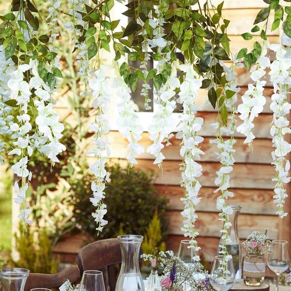 

12pcs artificial wall hanging silk wisteria ivy vine garland simulation plants props 90cm for party wedding home decor white decorative flow